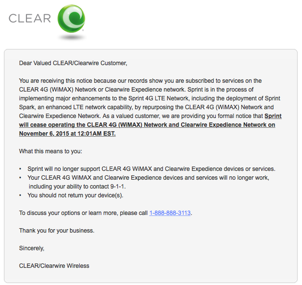 clearwire shutdown notice